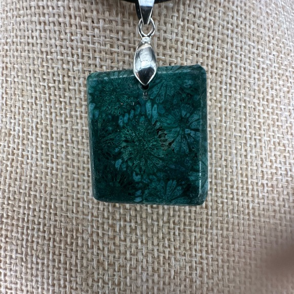 Green Coral Fossil Square Pendant on Black Satin Rope Cord - Picture 6 of 14